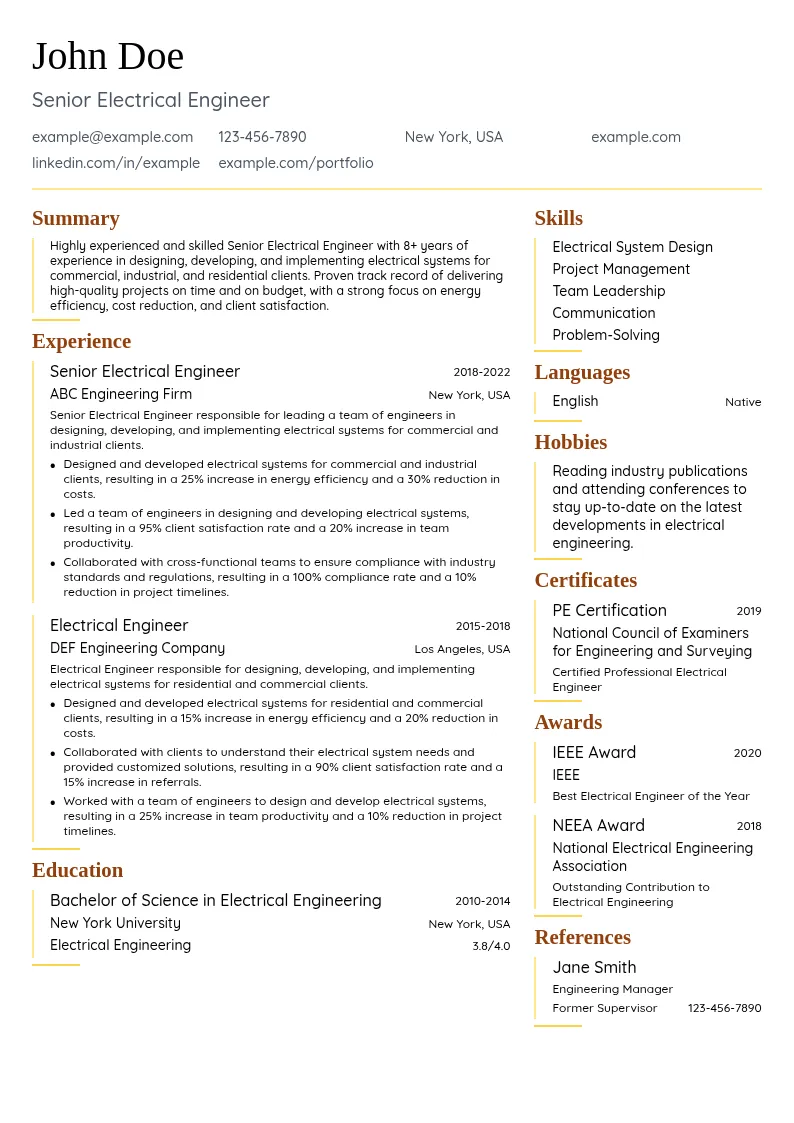 Senior Electrical Engineer resume example