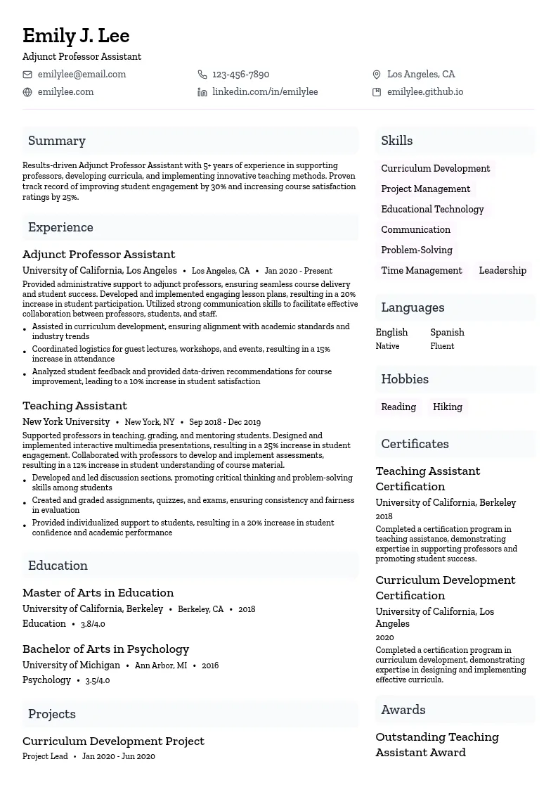 Adjunct Professor Assistant resume example