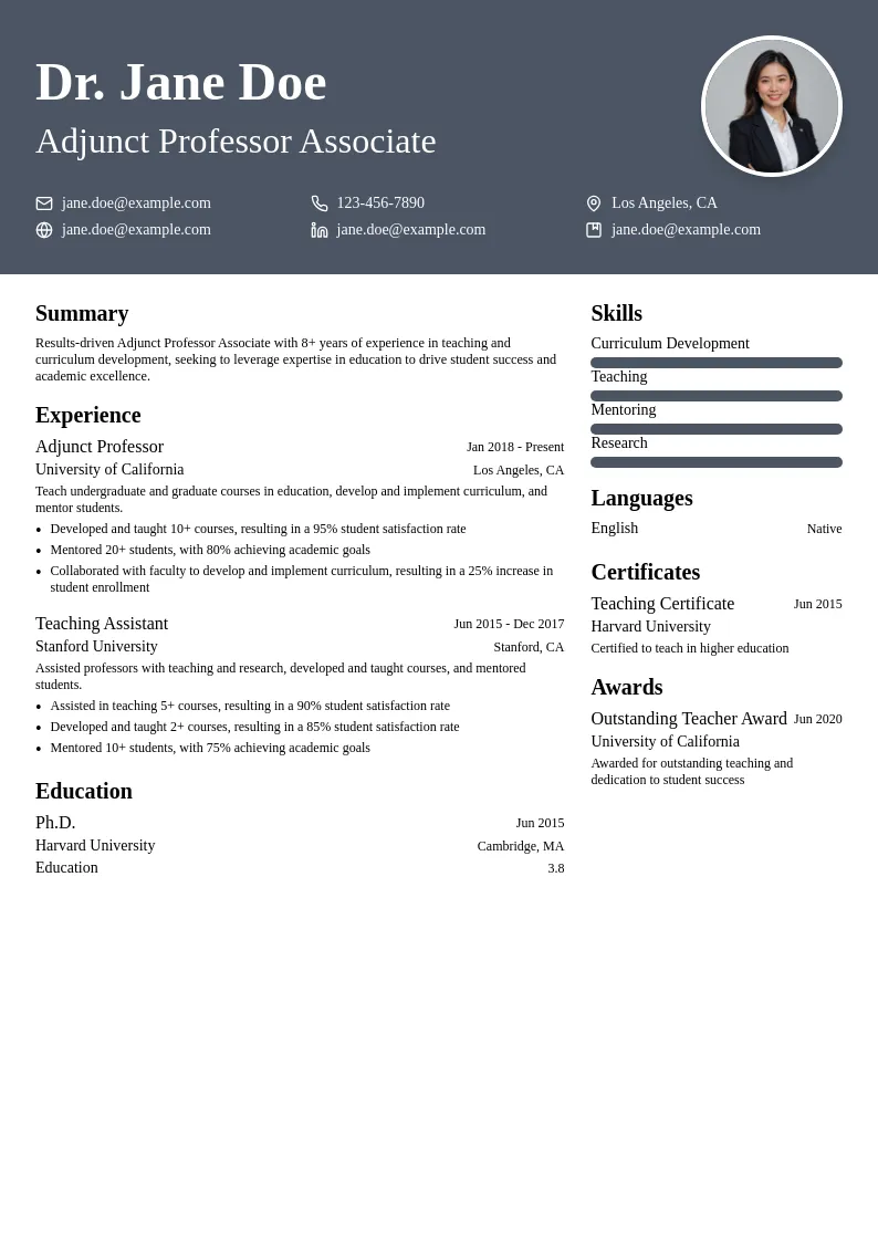 Adjunct Professor Associate resume example