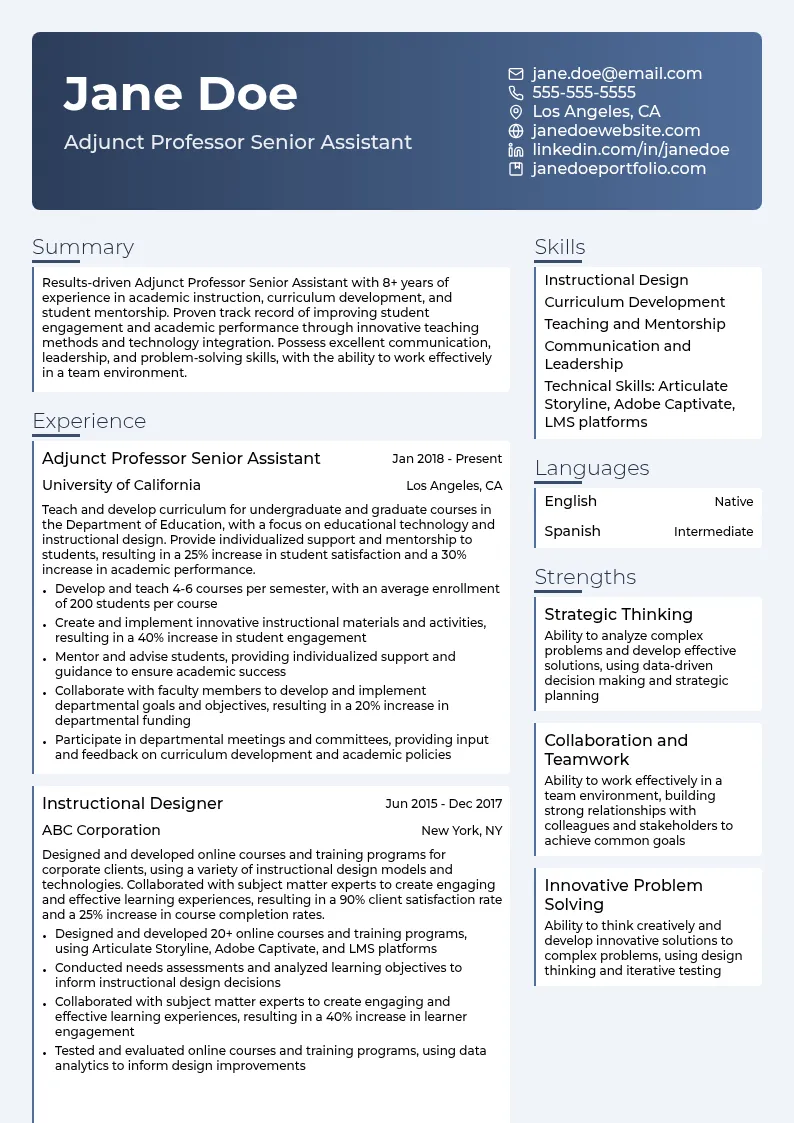 Adjunct Professor Senior Assistant resume example