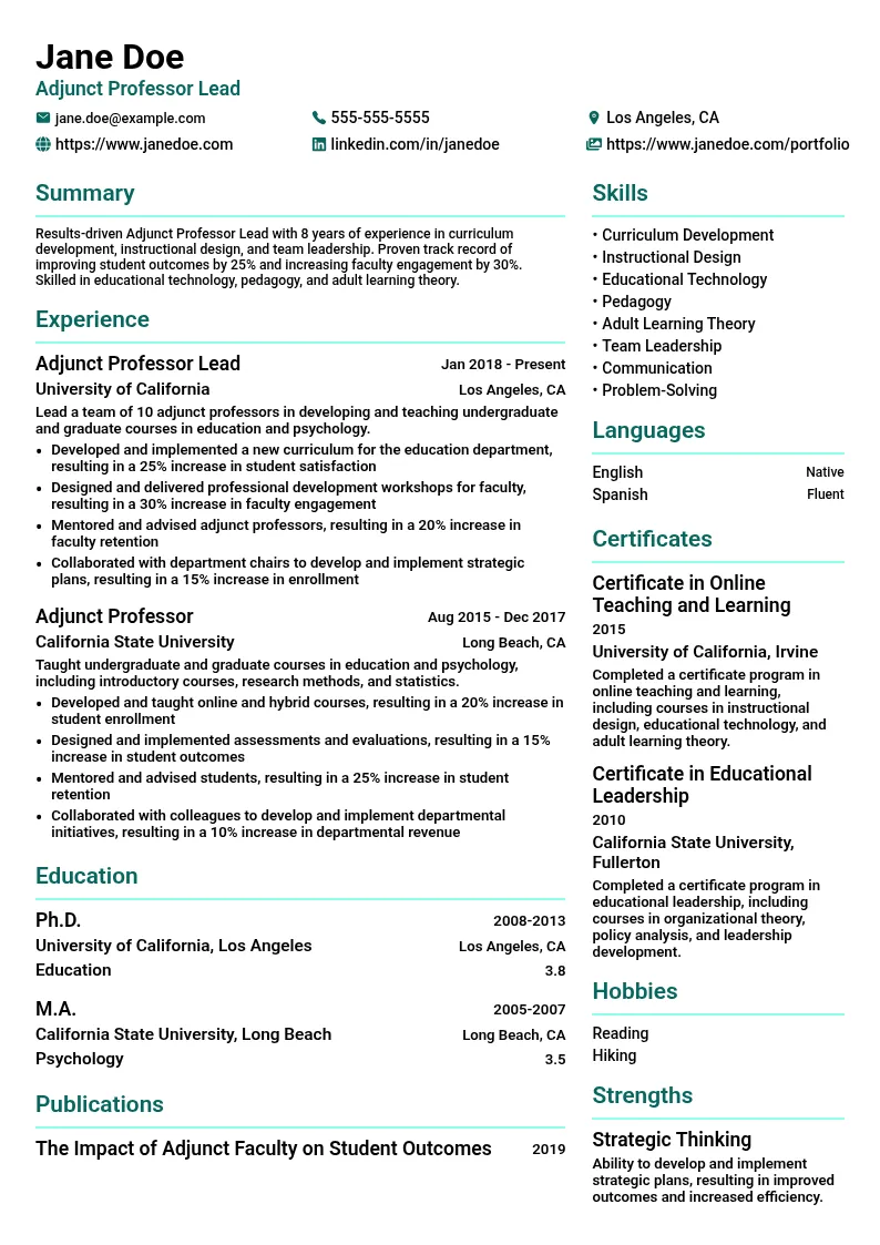 Adjunct Professor Lead resume example