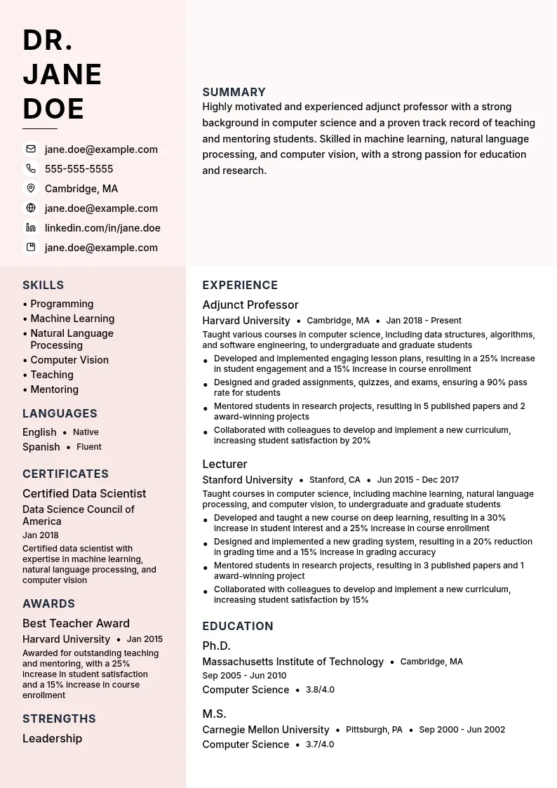 Adjunct Professor Senior resume example