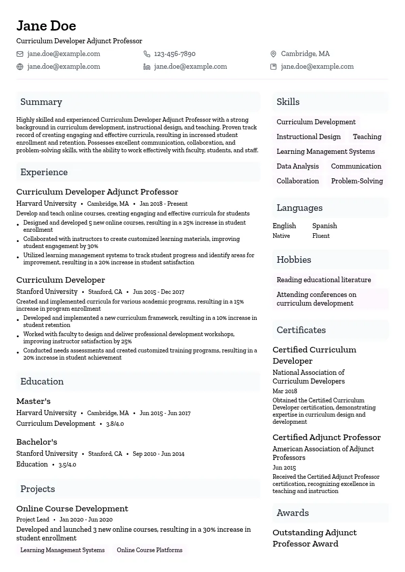Curriculum Developer Adjunct Professor resume example