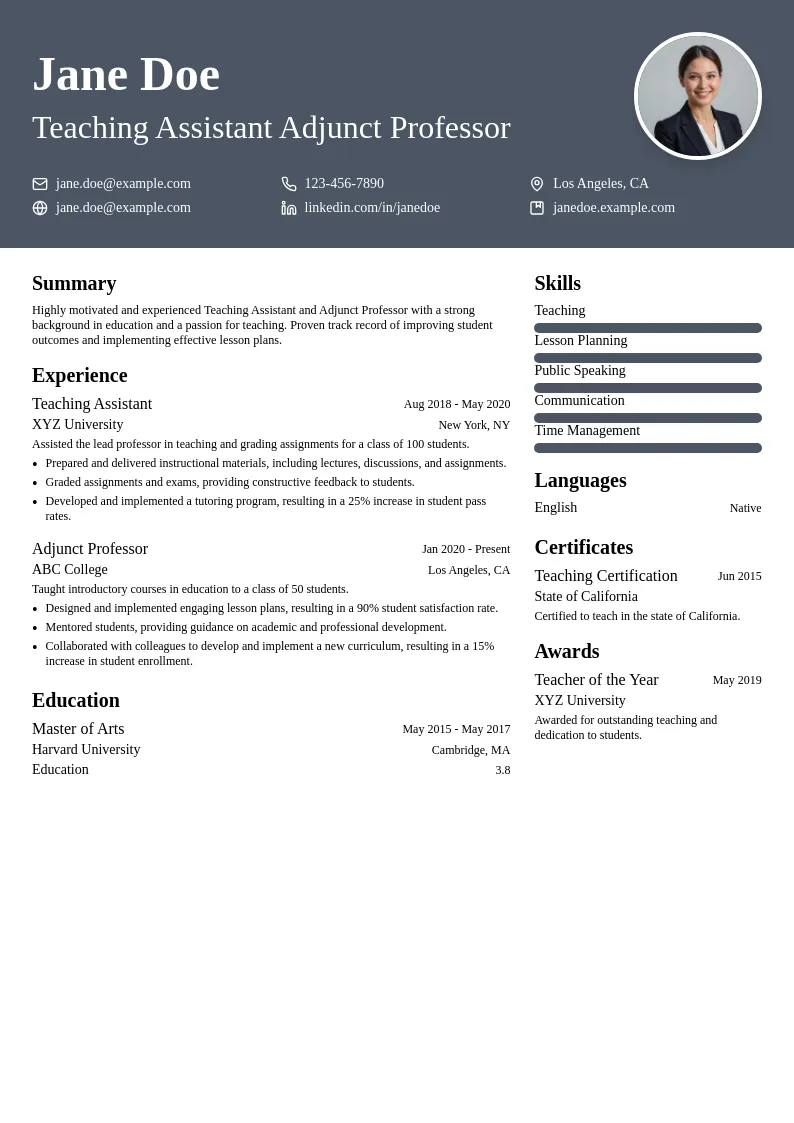 Teaching Assistant Adjunct Professor resume example