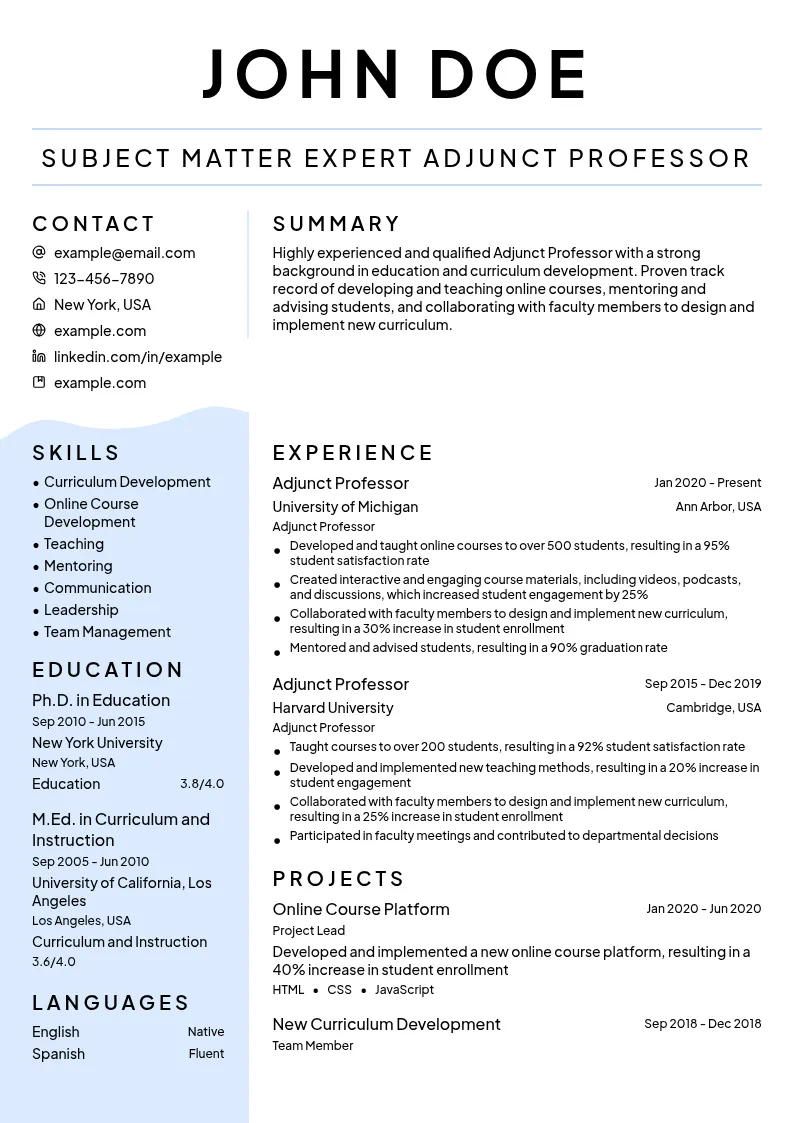 Subject Matter Expert Adjunct Professor resume example