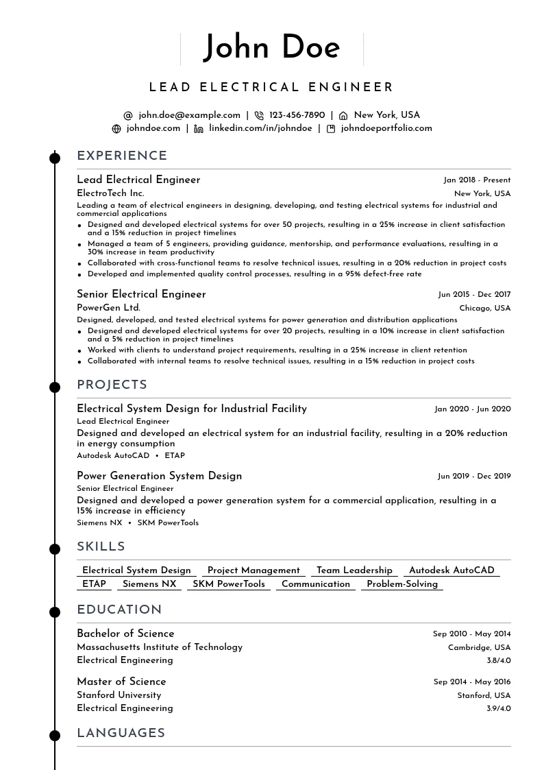 Lead Electrical Engineer resume example