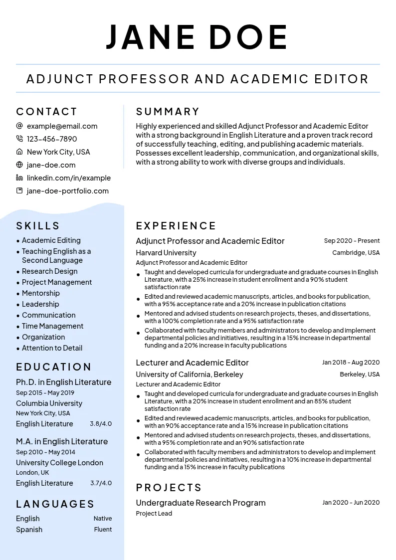 Academic Editor Adjunct Professor resume example