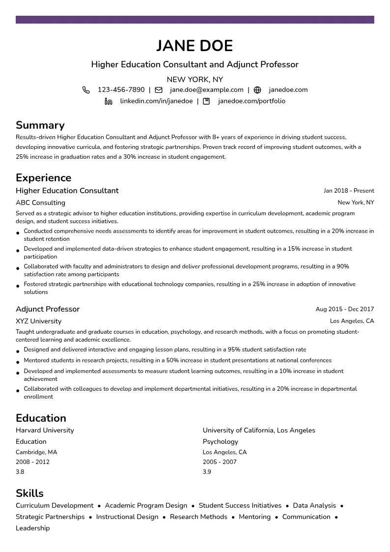 Higher Education Consultant Adjunct Professor resume example