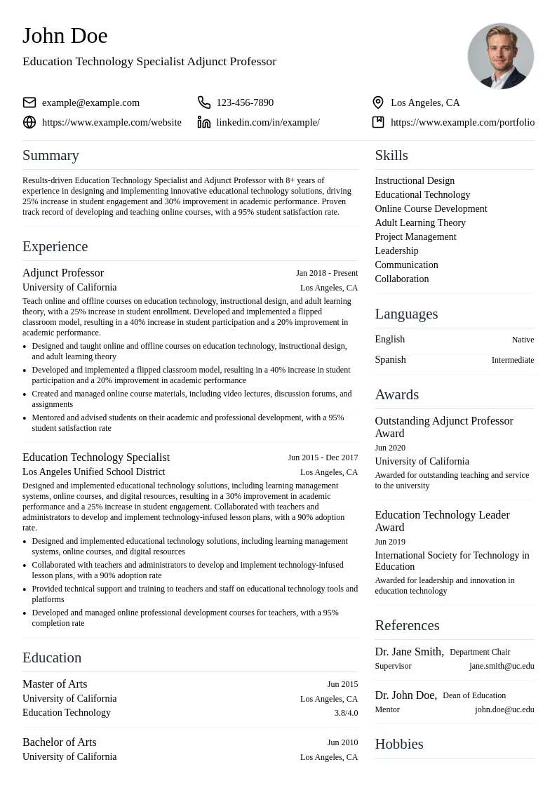 Education Technology Specialist Adjunct Professor resume example