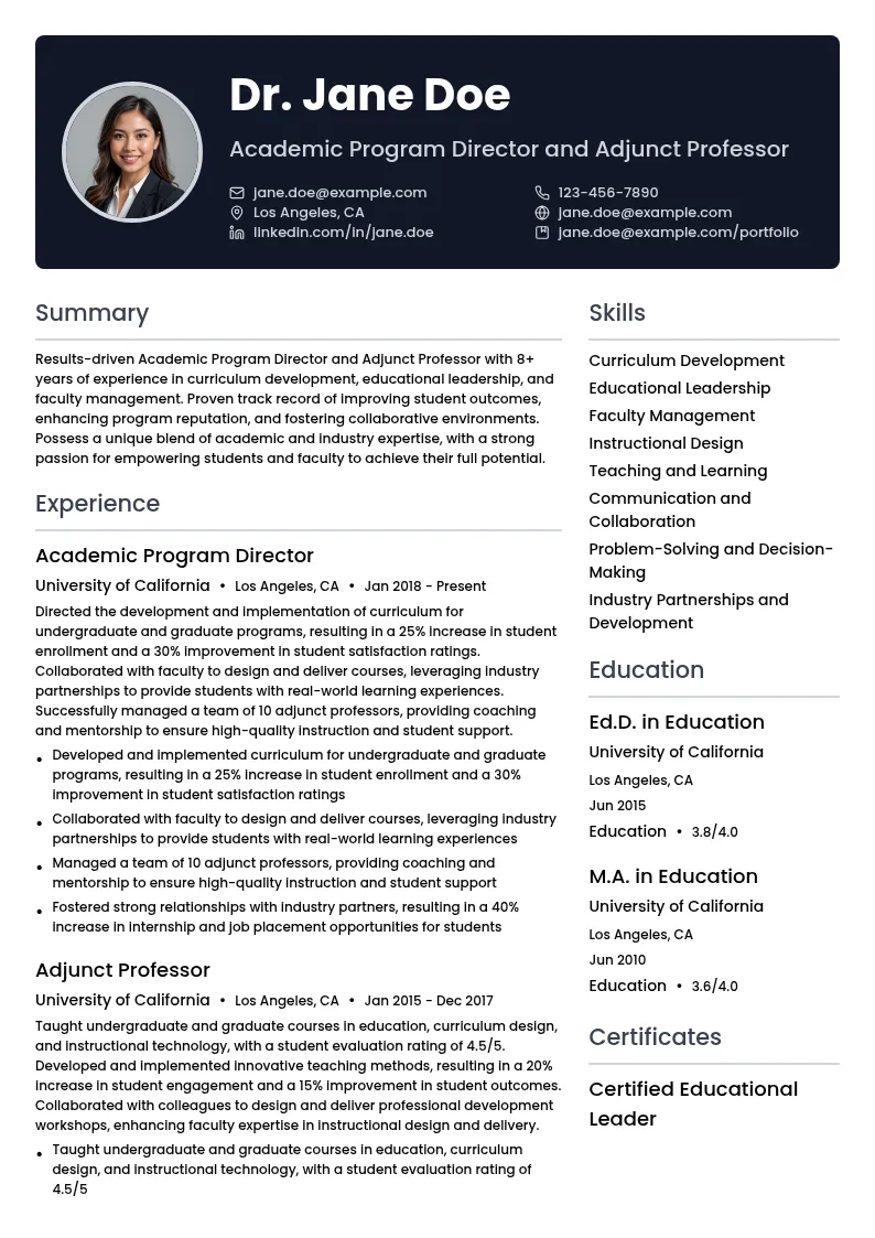 Academic Program Director Adjunct Professor resume example