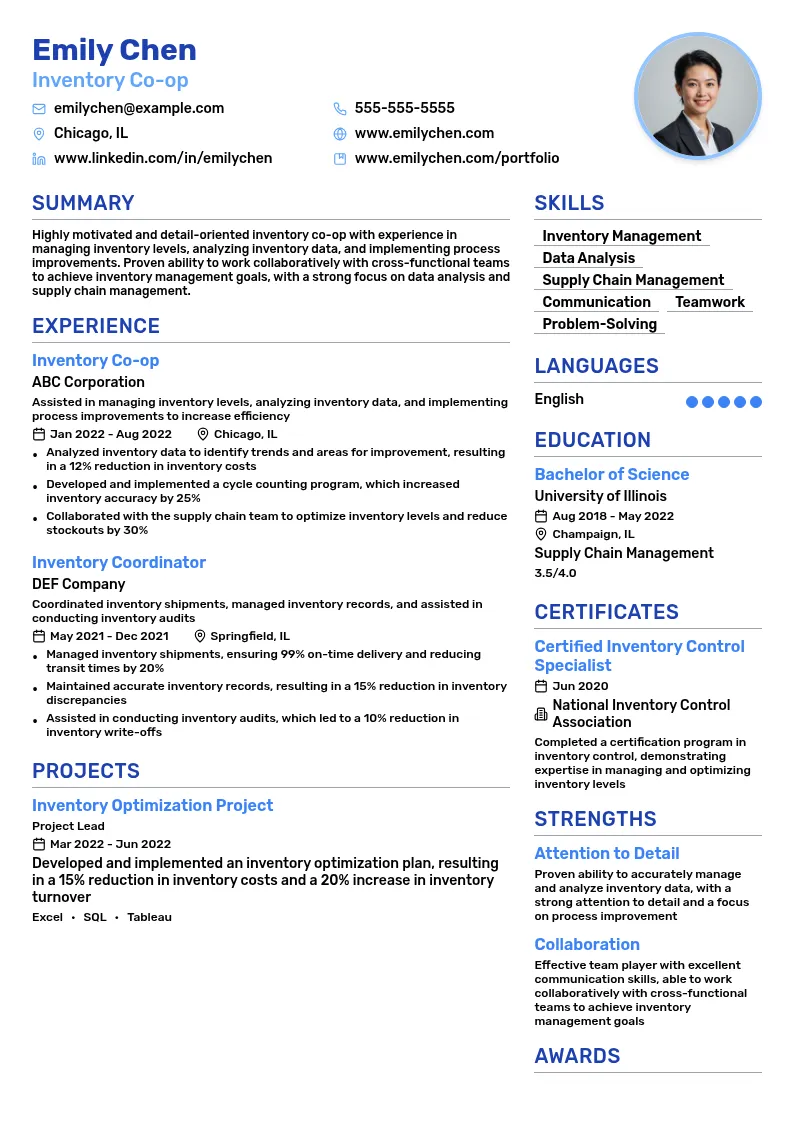 Inventory Co-op resume example