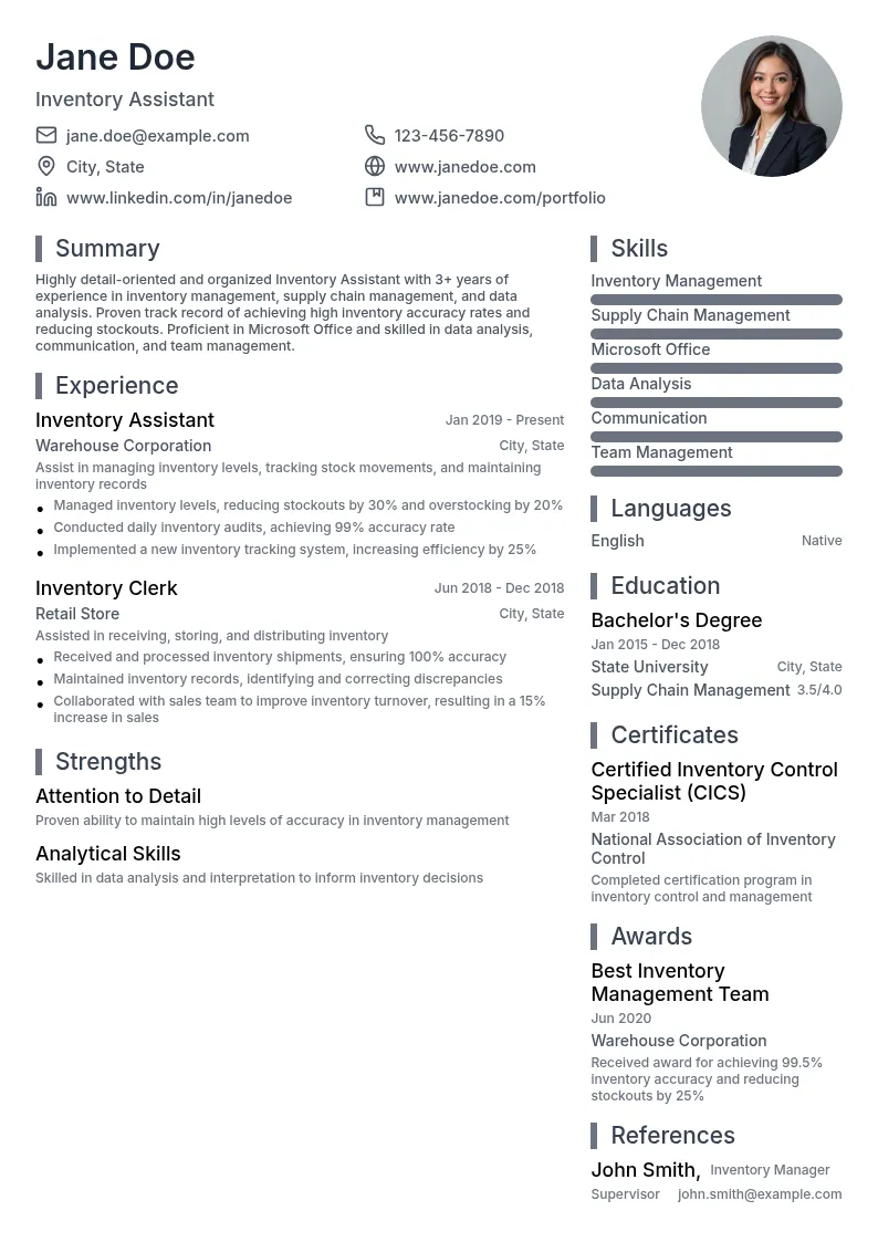 Inventory Assistant resume example