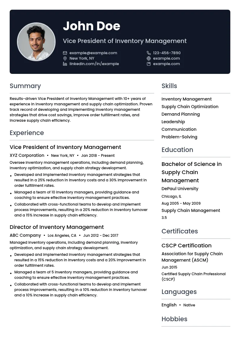 Vice President of Inventory Management resume example