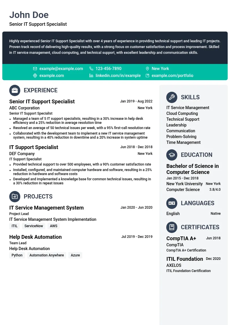 Senior IT Support Specialist resume example