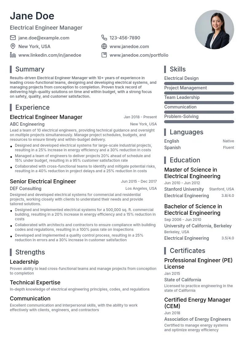 Electrical Engineer Manager resume example
