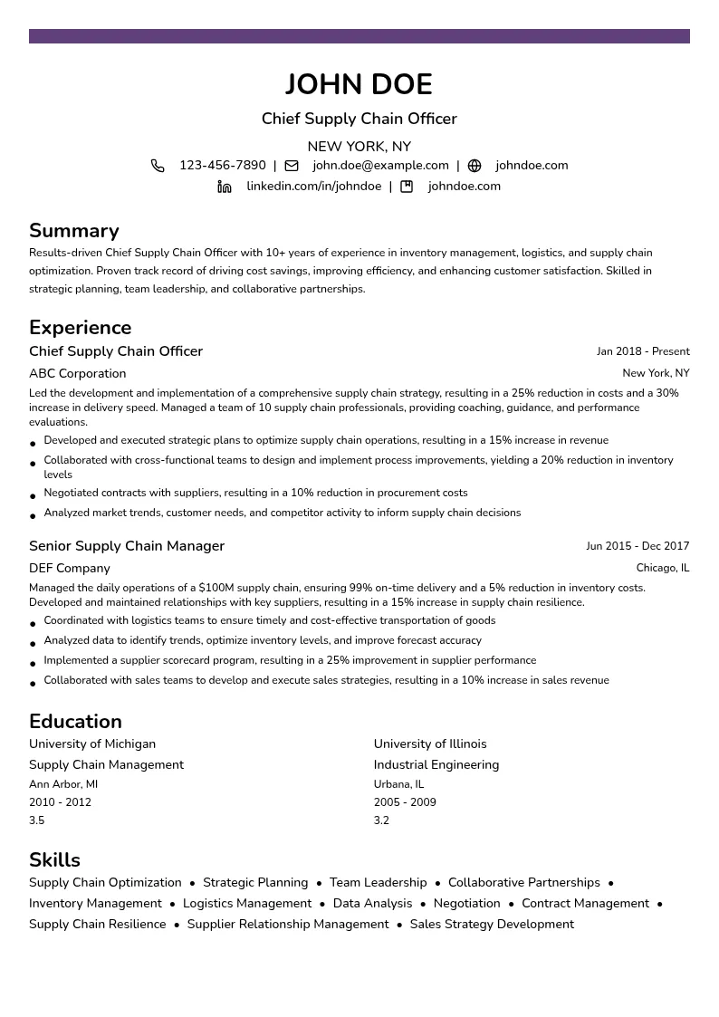 Chief Supply Chain Officer resume example