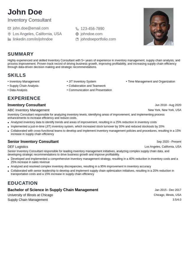 Inventory Consultant resume example