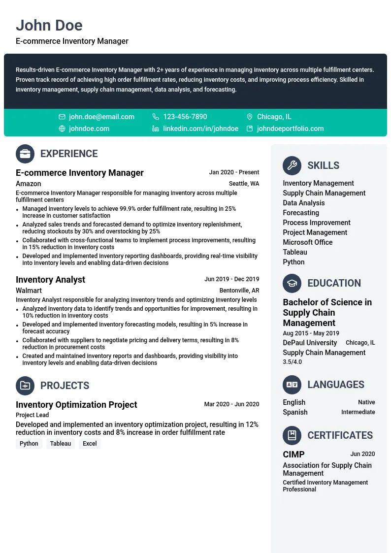 E-commerce Inventory Manager resume example