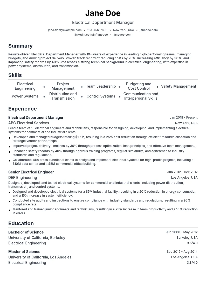Electrical Department Manager resume example