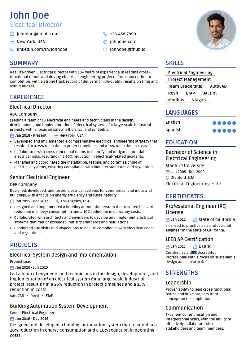 Electrical Director resume example