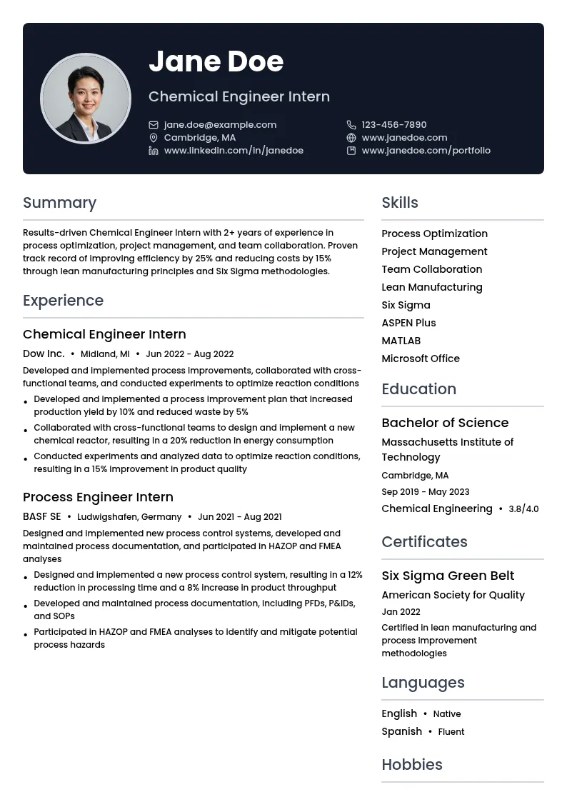 Chemical Engineer Intern resume example