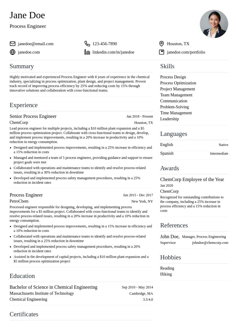 Process Engineer resume example