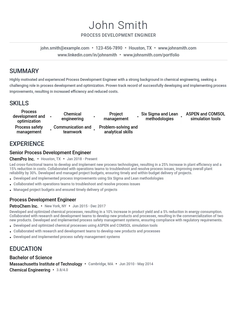Process Development Engineer resume example