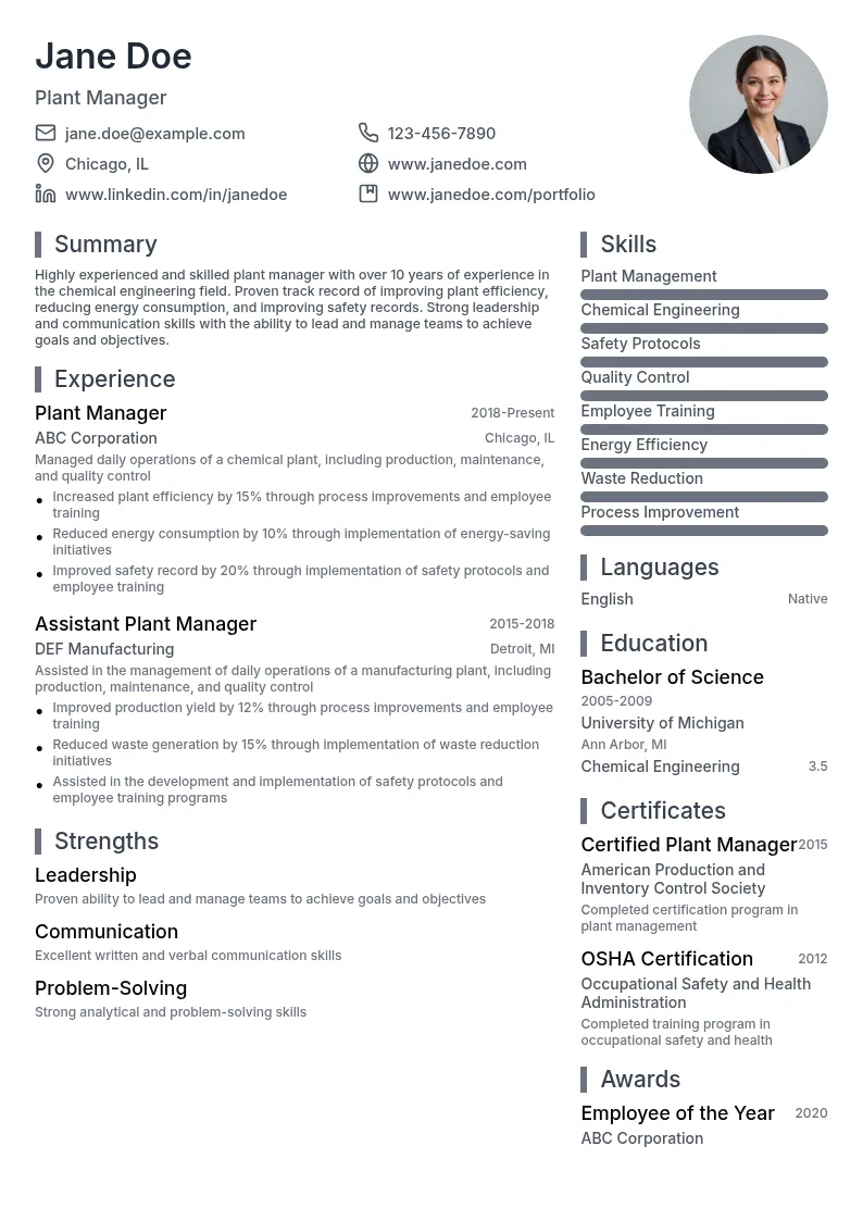 Plant Manager resume example