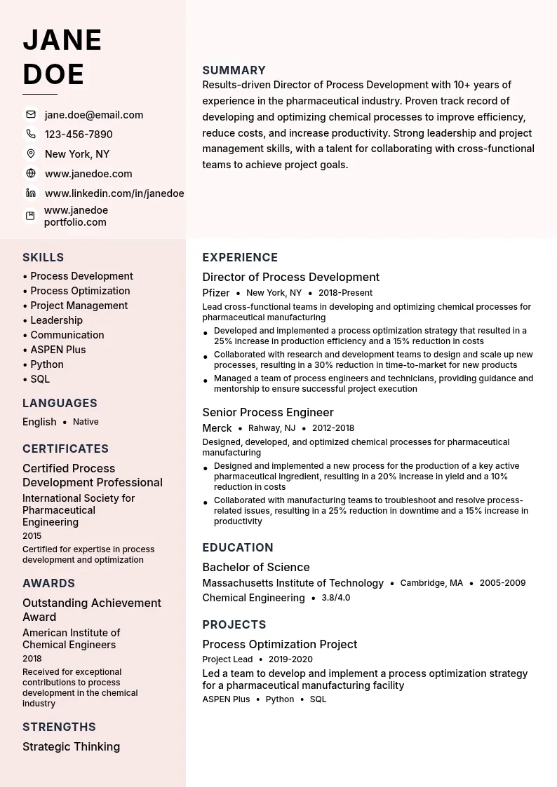 Director of Process Development resume example