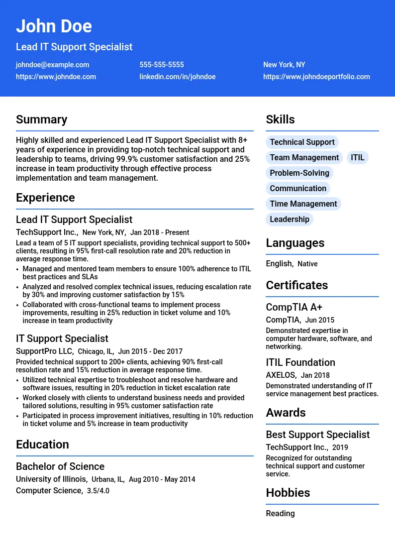 Lead IT Support Specialist resume example