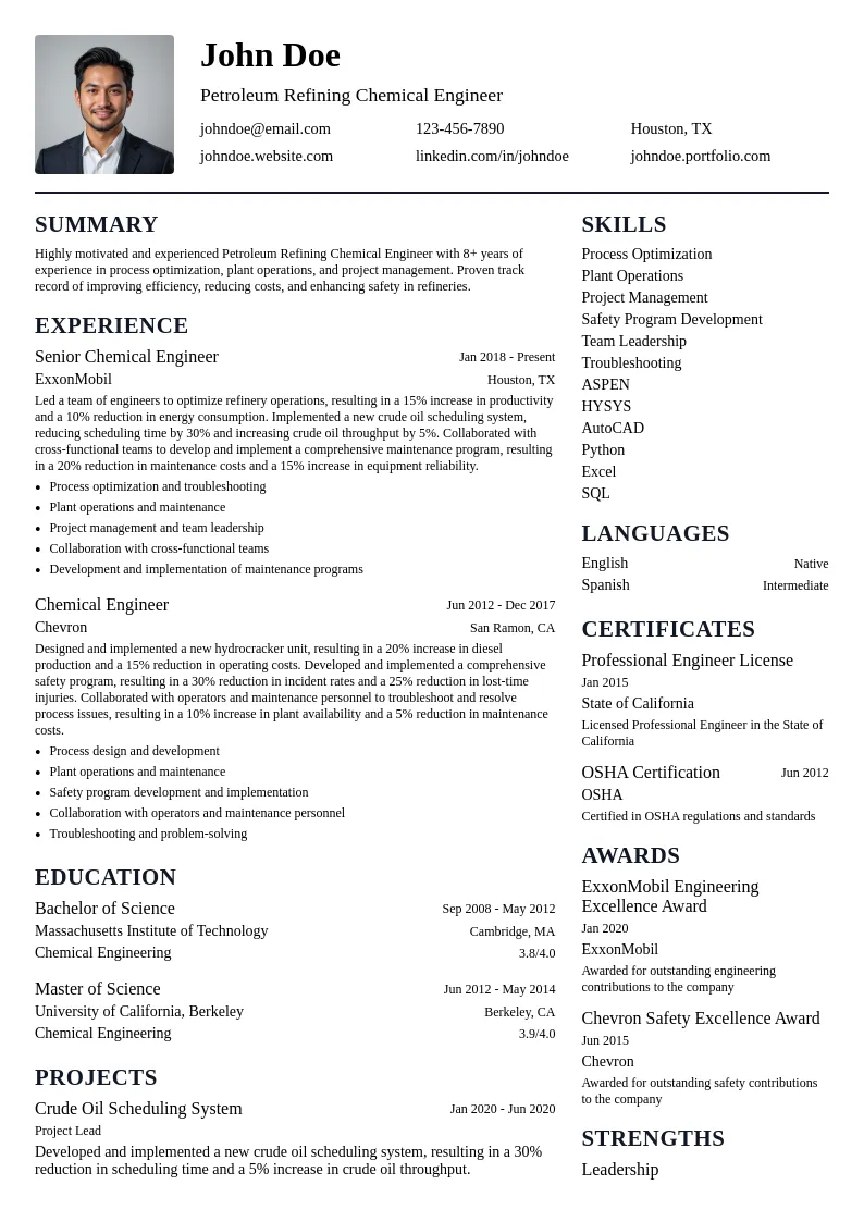 Petroleum Refining Chemical Engineer resume example
