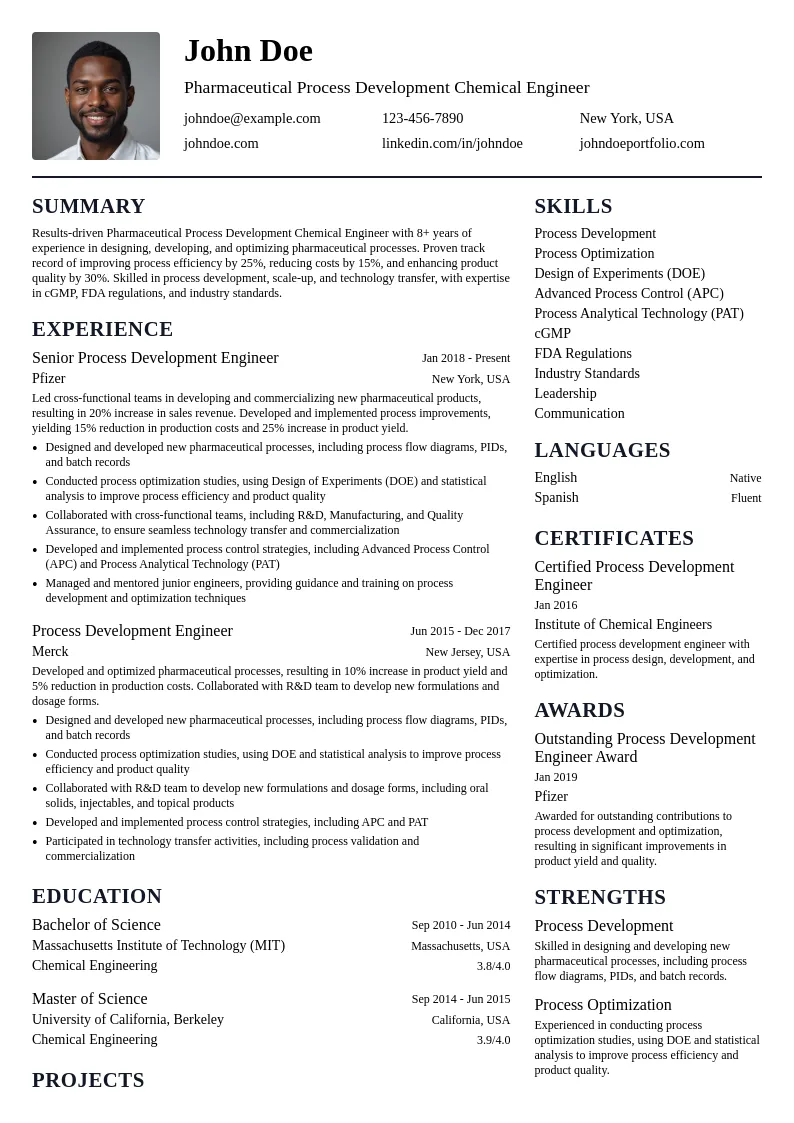 Pharmaceutical Process Development Chemical Engineer resume example