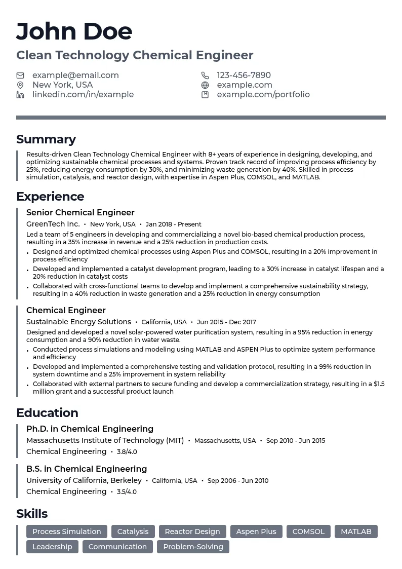 Clean Technology Chemical Engineer resume example
