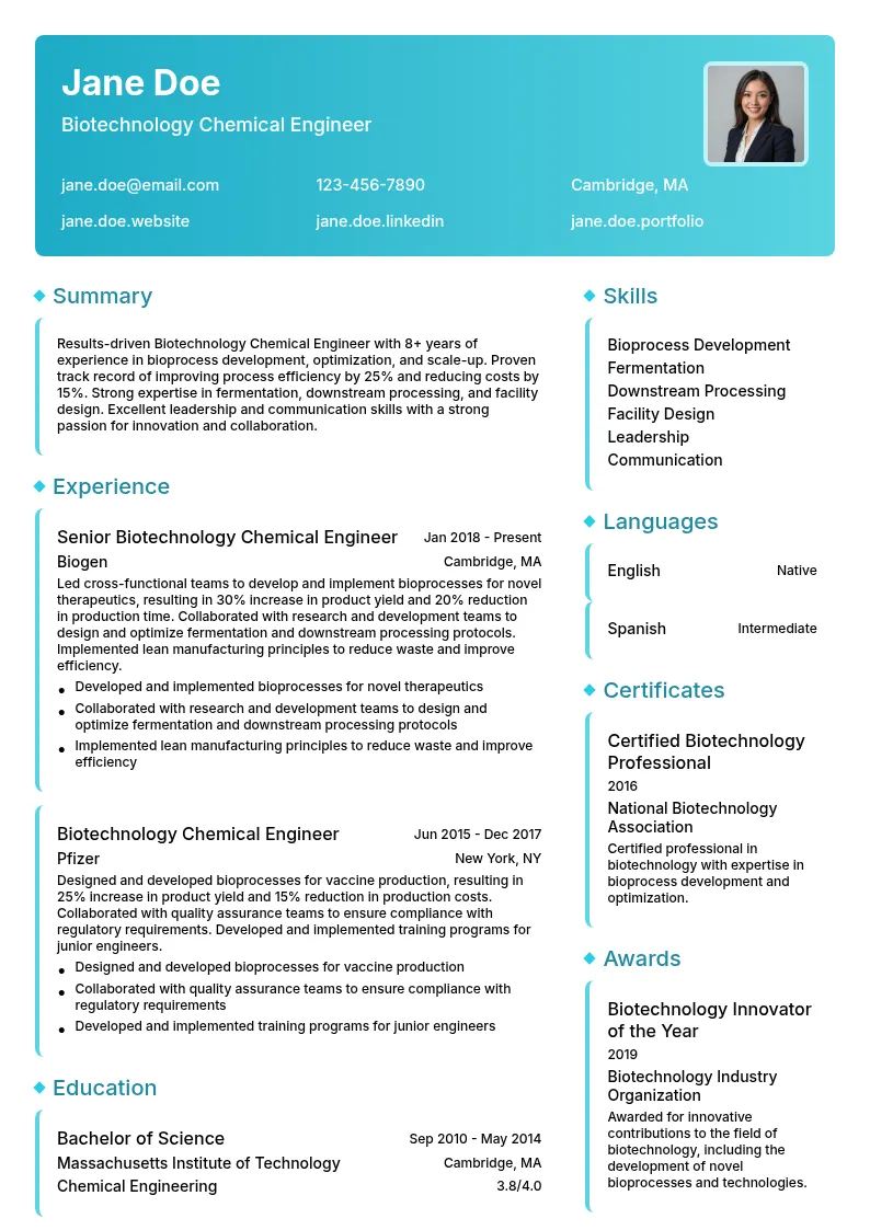 Biotechnology Chemical Engineer resume example