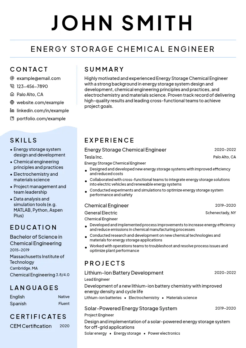 Energy Storage Chemical Engineer resume example
