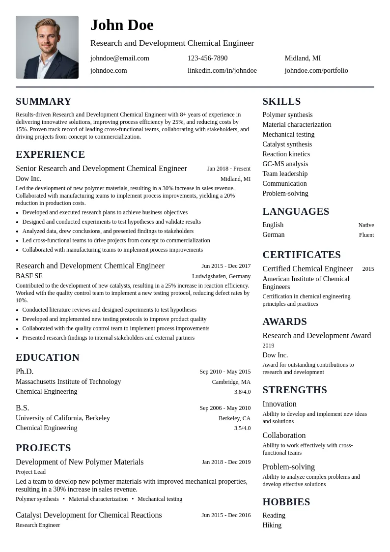 Research and Development Chemical Engineer resume example
