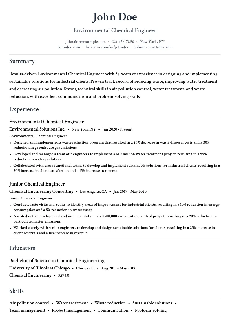 Environmental Chemical Engineer resume example