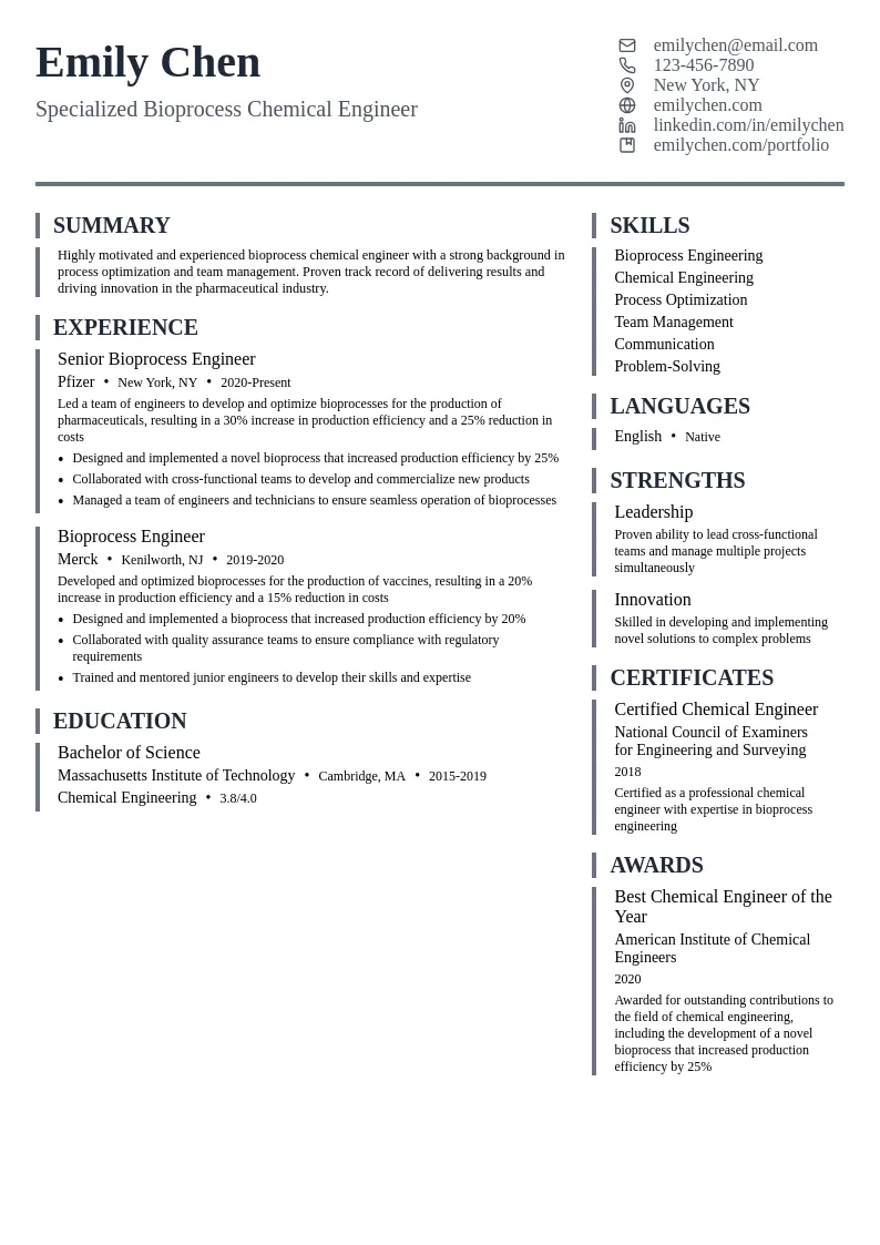 Specialized Bioprocess Chemical Engineer resume example