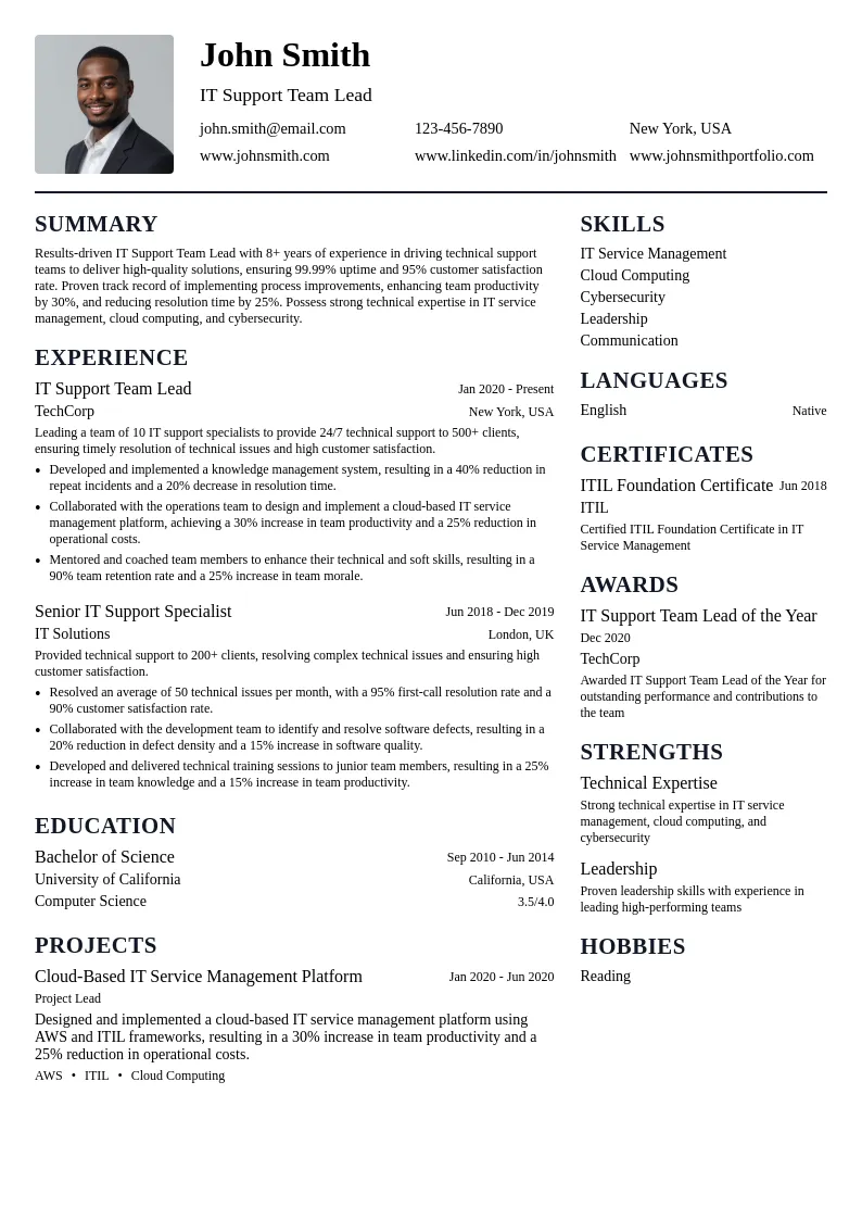 IT Support Team Lead resume example