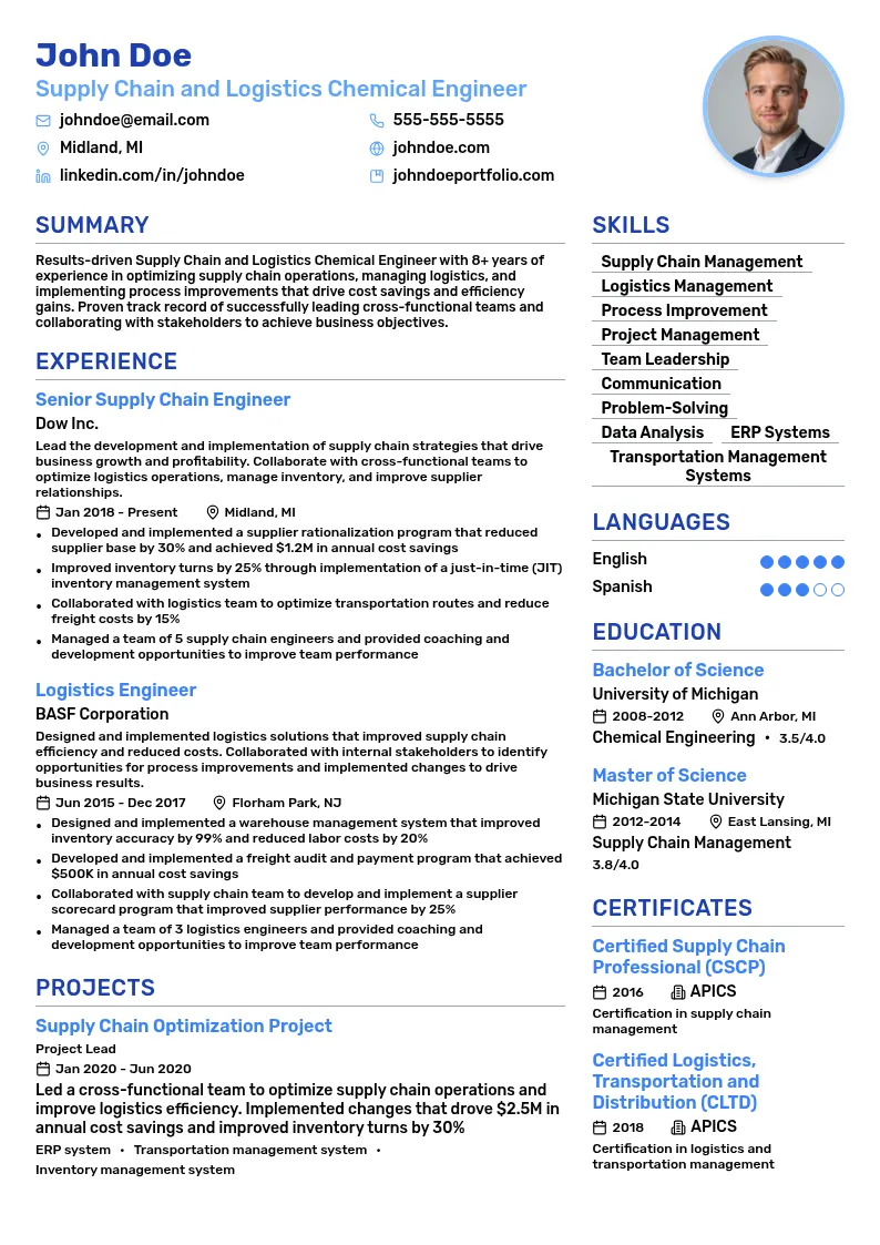 Supply Chain and Logistics Chemical Engineer resume example