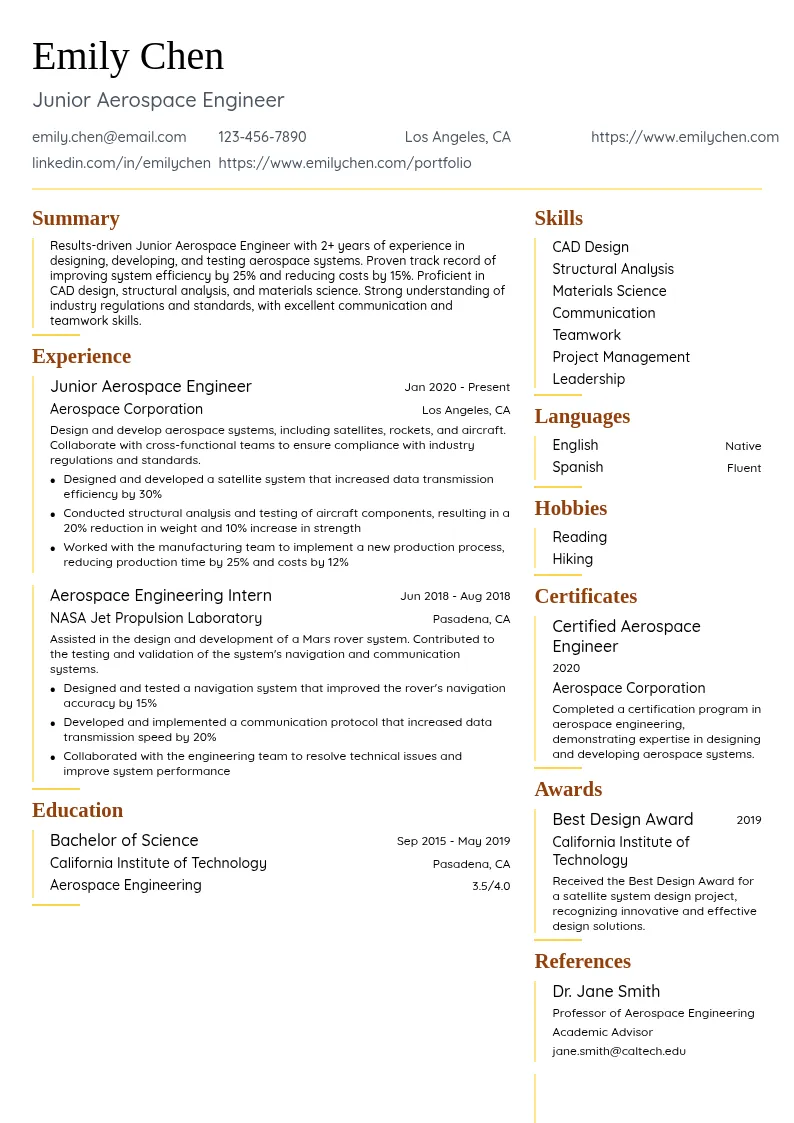 Junior Aerospace Engineer resume example
