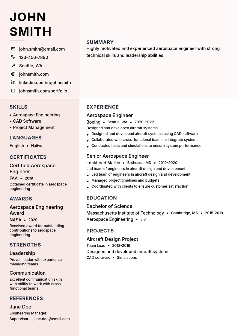 Aerospace Engineer resume example