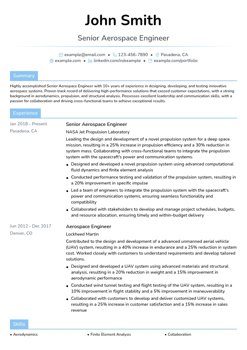 Senior Aerospace Engineer resume example