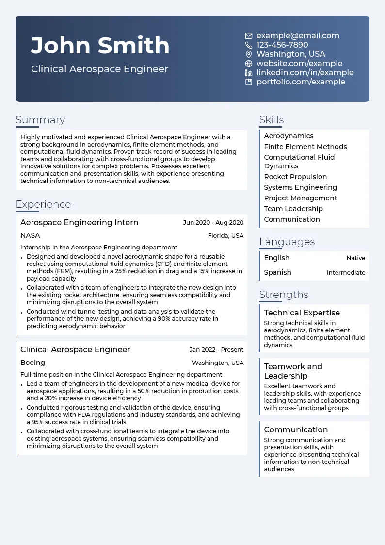 Clinical Aerospace Engineer resume example