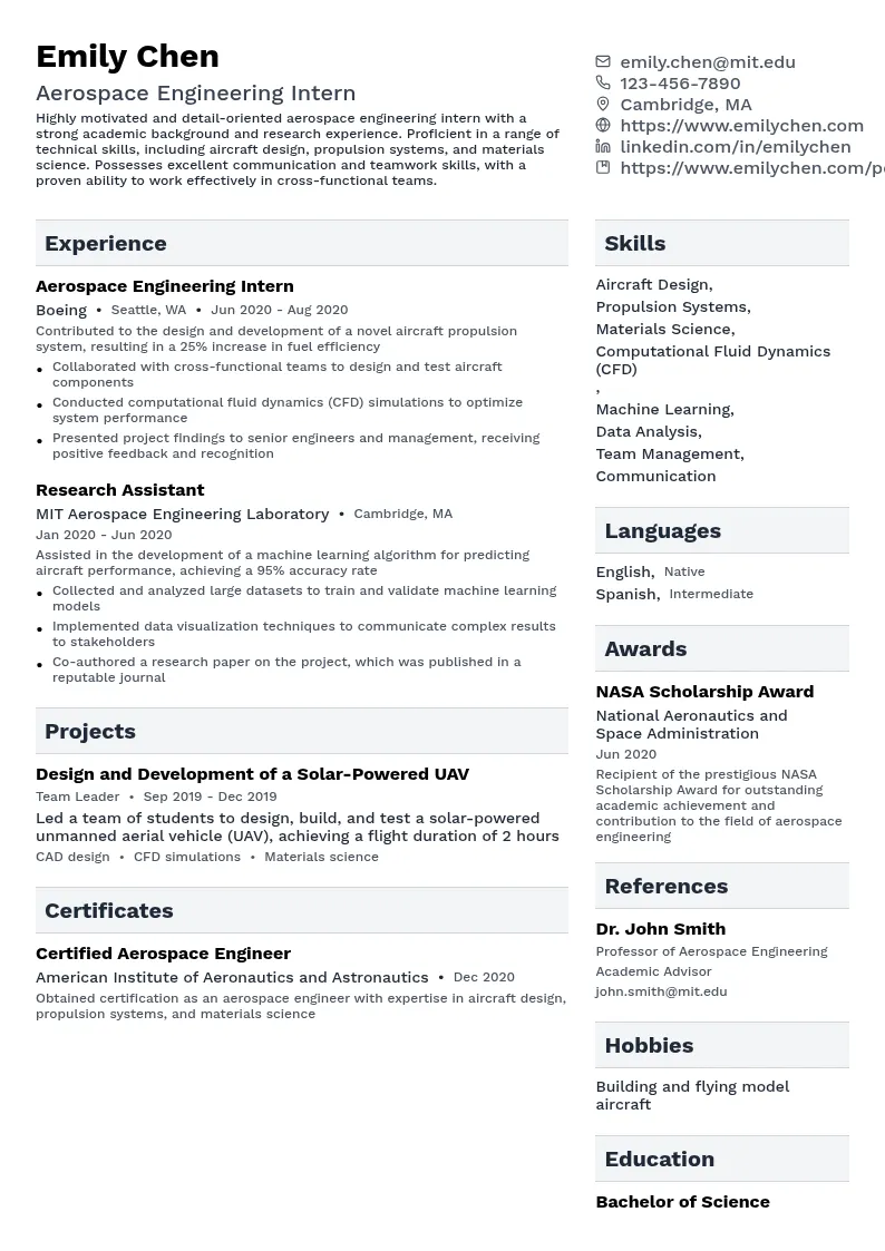 Aerospace Engineering Intern resume example