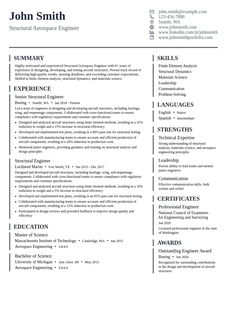 Structural Aerospace Engineer resume example