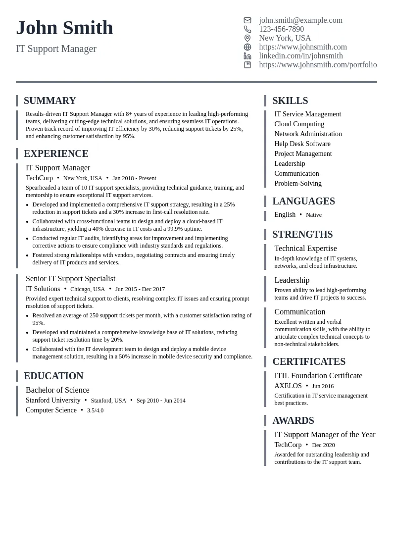 IT Support Manager resume example