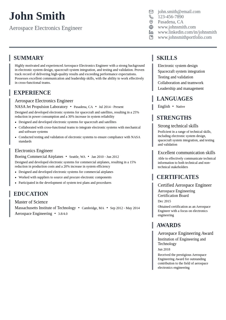 Aerospace Electronics Engineer resume example