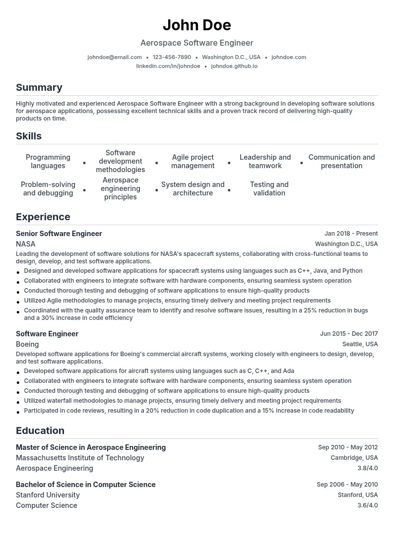 Aerospace Software Engineer resume example