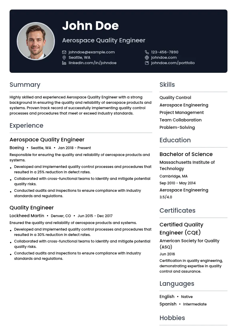Aerospace Quality Engineer resume example